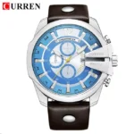 Curen-Montre à Quartz en Cuir pour Homme - silver blue