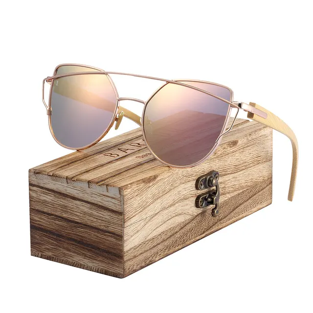 BARCUR-Lunettes de soleil yeux de chat en bambou pour femmes, monture en métal polarisée, lunettes en bois, luxe, mode, nuances de soleil avec boîte gratuite - Gold Pink Wood